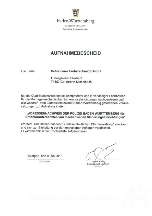 Aufnahmebescheid Errichterliste